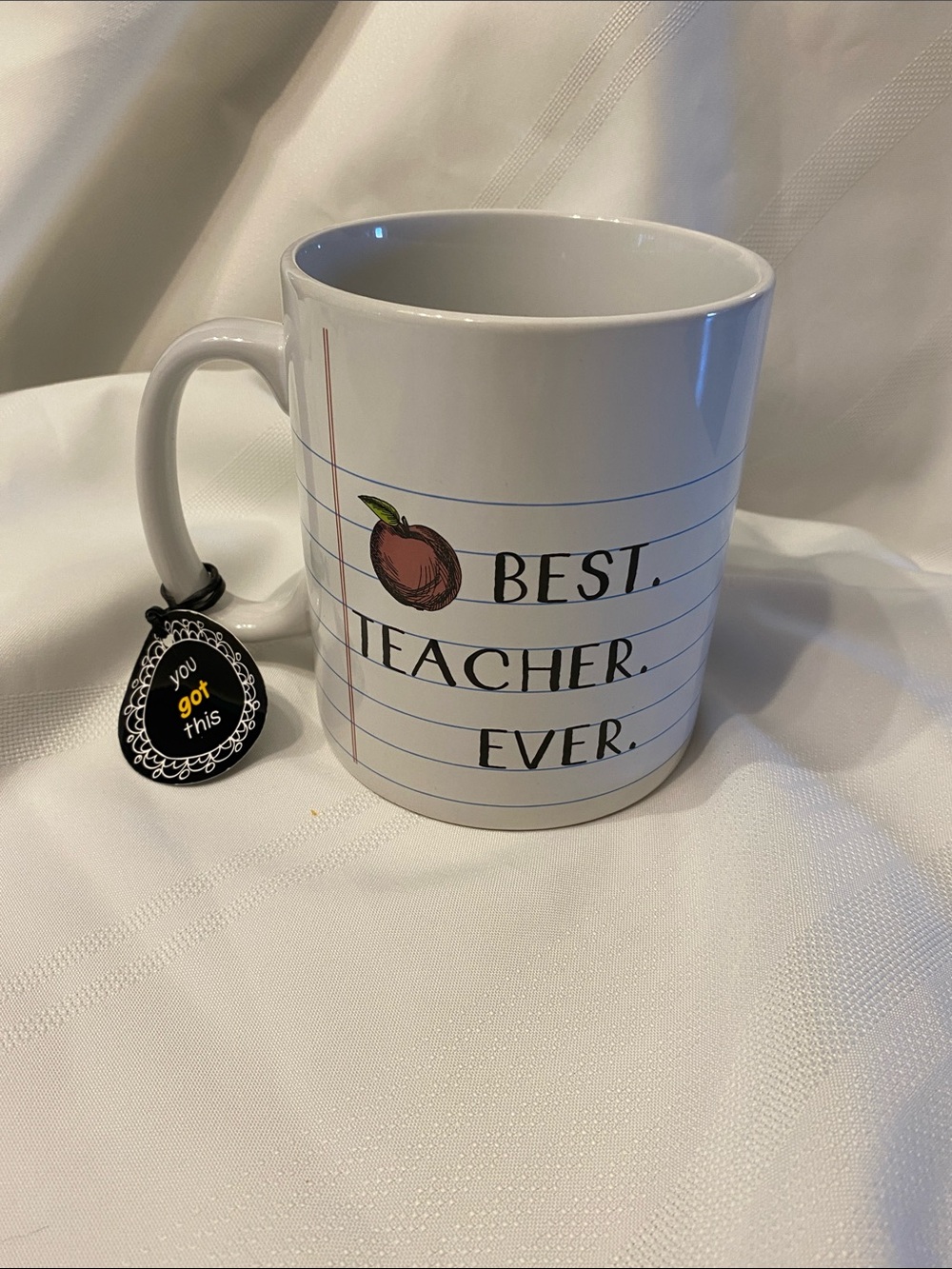 Home Essentials White Ceramic Mug with Red Apple and Blue Lined Design
